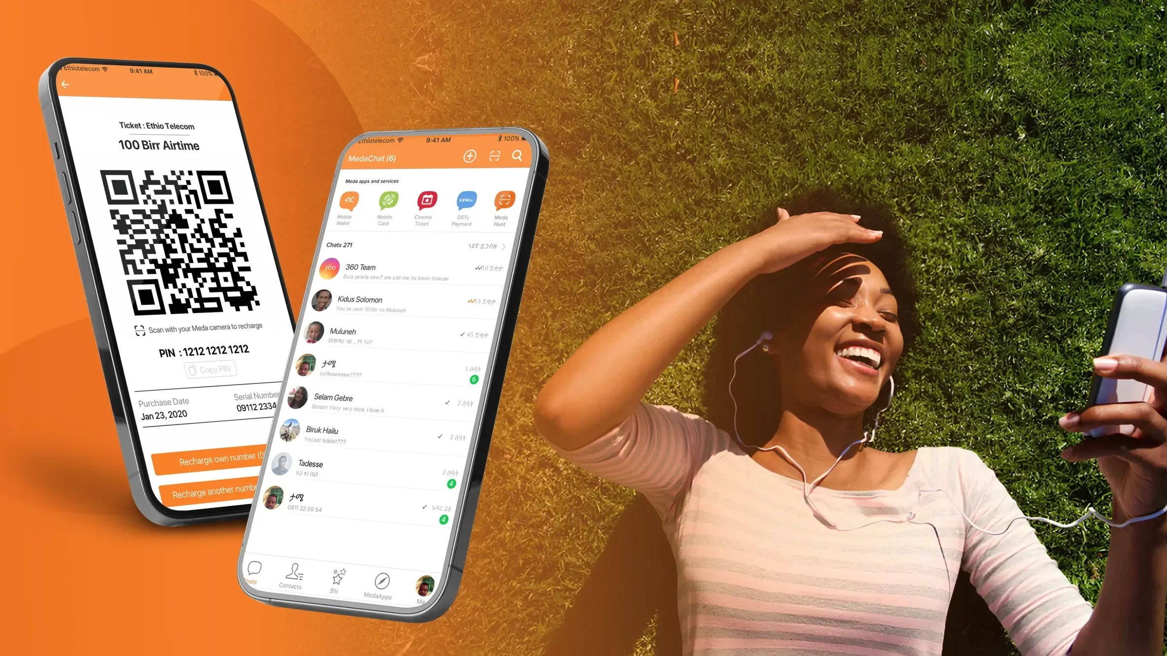 Meda super app showing chat, banking, and commerce product screens.